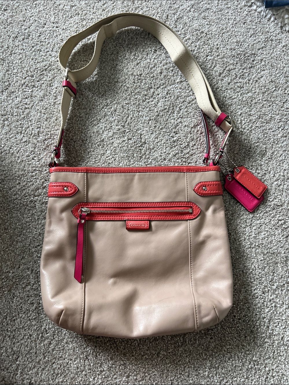 Coach Beige Crossbody Bag with Pink Trim